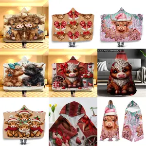 Comfortable Christmas Highland Cow Hooded Blanket, Thick Nap Wearable Blanket, Soft Flannel Throw for Home Decor, Bed, Sofa, Camping, Travel Gift, Cozy Hooded Blanket