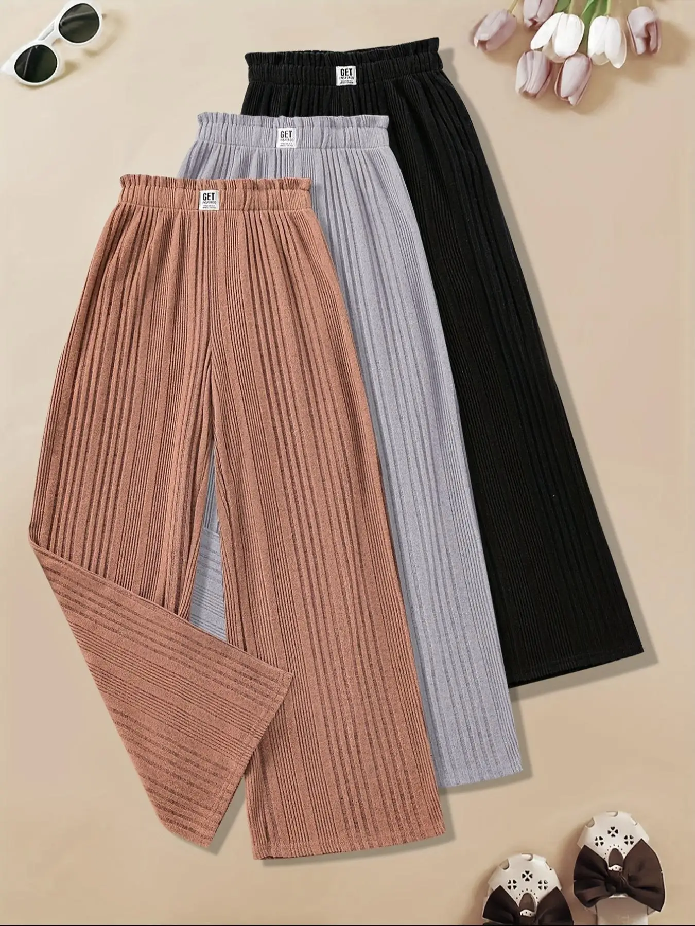 Girl's Solid Frill Trim Elastic Waist Straight Leg Pants, Casual Comfy Trousers for Spring & Fall, Kids Bottoms for Daily Wear