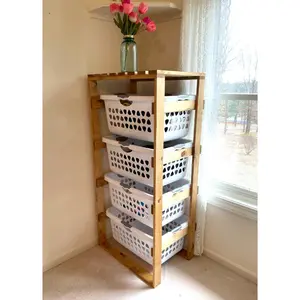 Laundry Basket Holder Storage Shelf (4 Tier, No Wheels, Narrow) Organiser