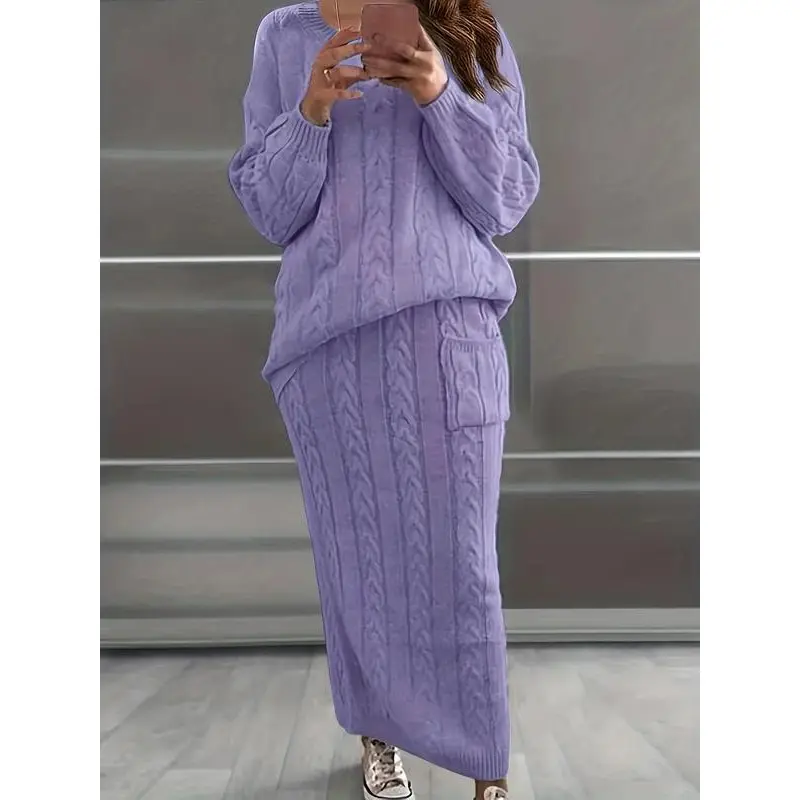 Women's Solid Knit Sweater & Pocket Skirt Set, Long Sleeve Round Neck Jumper & Long Skirt, Two-piece Outfits Daily Wear