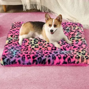 1pc Leopard Print Plush Pet Mat, Reversible Plush Pet Mat Ultra Soft Dog Cat Crate Mat Sleeping Cushion Pad Machine Washable
