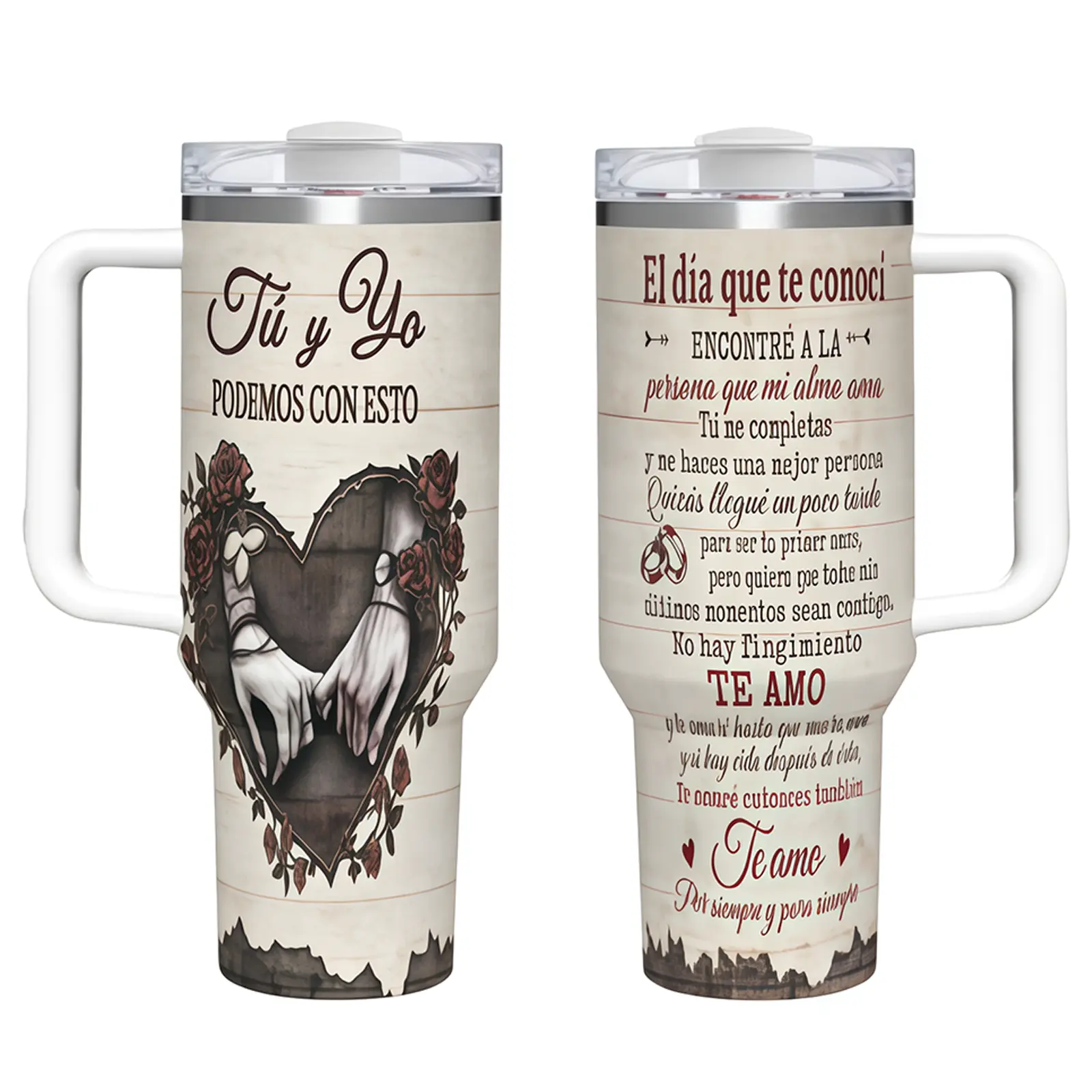 Tu y Yo Podemos Con Esto Insulated Travel Tumbler (40oz/20oz) with Handle, Spanish Couple Drinkware Gear, Te Amo Birthday/Anniversary Gift for Husband/Wife