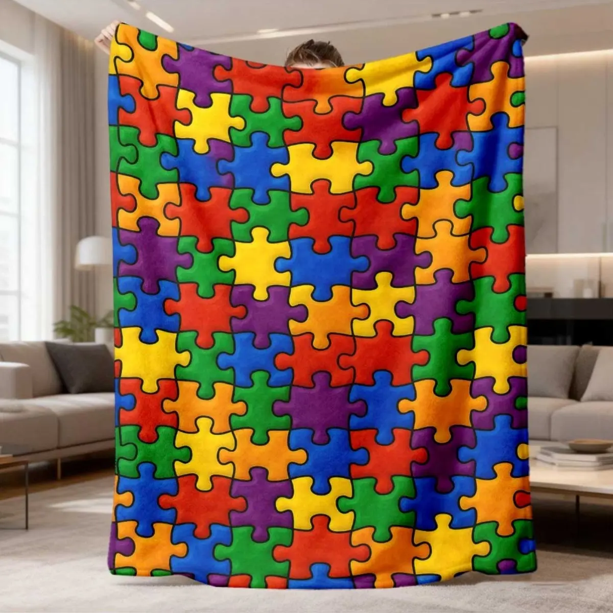 【Flannel Blanket】2026 New Flannel Blanket Arrival 1pc Extra Soft & Warm Plush Jigsaw Puzzle Blanket All-Season Cozy Throw Featuring A Multicolor Interlocking Puzzle Pattern (Blue, Green, Yellow, Red, Purple, Brown, Black, White, Gray)
