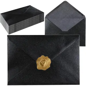 A7 Self-Sealing Black Envelopes 50 Pcs - 5x7 Inches (5.31×7.67in) Premium 120g Pearl Glitter Paper - Printable & Writable for Wedding, Party Invitations - Includes Gold Sealing Stickers