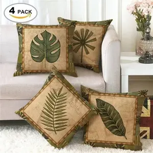 4PCS Spring Summer Green Leaves Pillow Covers 18x18 inch, Velvet Vintage Leaves  Plant Throw Pillows Case, Square Farmhouse Decor Cushion Covers for Home Sofa Bed Couch