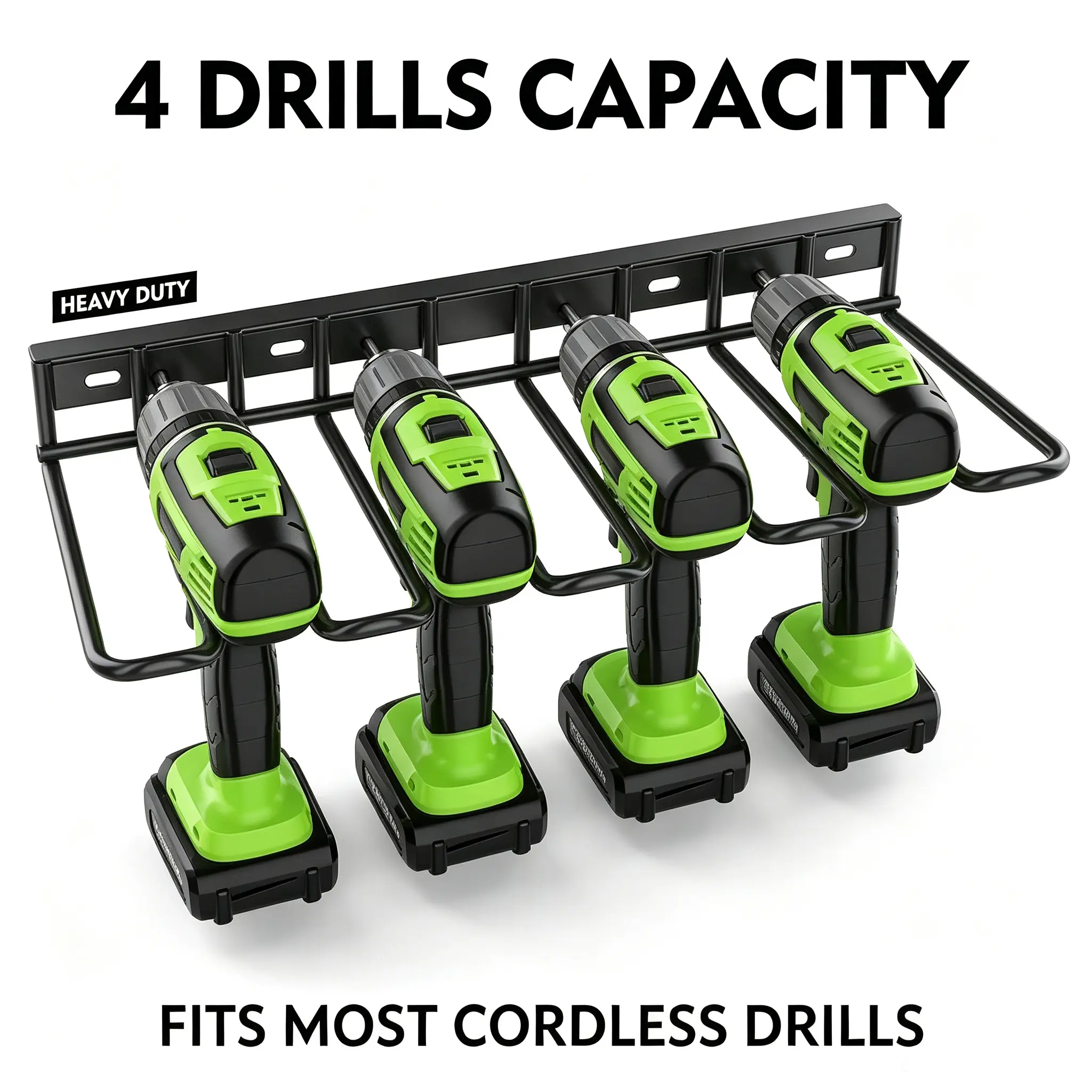 Heavy Duty Metal Wall Mount Drill Holder Tool Organizer - 4-Slot Anti-Slip Rack, Pegboard Compatible, Standard Size Fits Most Cordless Drills, Space-Saving for Mechanics, Construction Workers, DIY Enthusiasts
