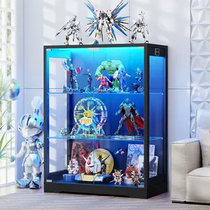 MIIFUNY Display Cabinet with Glass Door, Curio Cabinet with 3 Color Lights for Collectibles, 3-Tier Glass Display Case with Adjustable Glass Shelves & Human Body Sensor, Storage Cabinets, Black