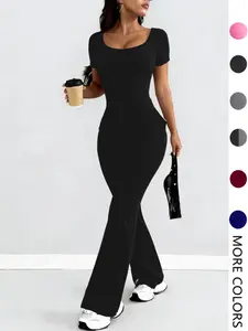 Women's Plain Pocket Short Sleeve Long Pants Jumpsuit, Sexy Fitted Casual One-Piece for All Seasons, European & American Style, Womenswear, European Influence