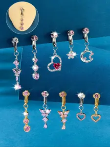 Fashionable Fake Belly Button Piercing for Women, Dangle Heart Butterfly Cubic Zirconia Belly Button Rings, Non Piercing Belly Rings, Stainless Steel Faux Navel Jewelry