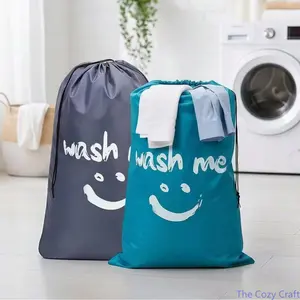 Oxford Fabric Drawstring Storage Bag Cute Wash Me Smiley Print Dustproof Laundry Pouch Portable Drawstring Organizer Bag Lightweight Multifunctional Sack For Travel Home Sorting Clothes Washing Daily Packing summerwins