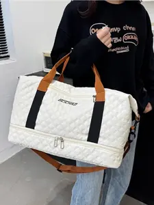 Women's Solid Color Stitched Travel Bag, Large Capacity Handheld Luggage Bag, Single Shoulder Business Trip Storage Bag, Travel Duffle Bag