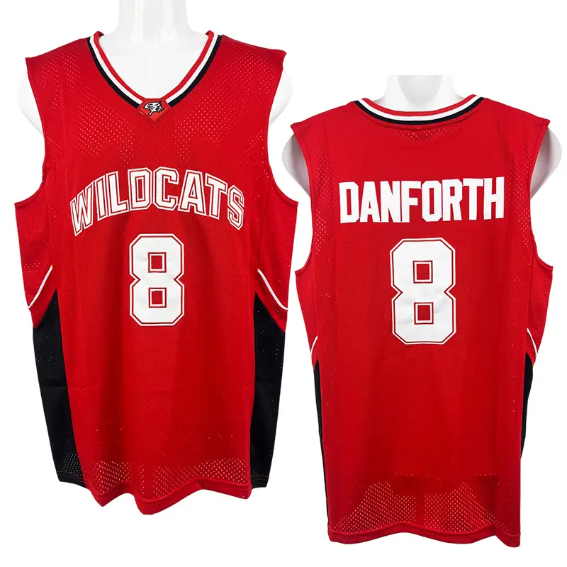 Men's High School Wildcats #8 Danforth Embroidered Basketball Jersey - Customizable Name Option, Red Sports Top, Cotton, Machine Washable, Permanent Press Cycle, Drip Dry, Flat Dry, Sporty Chic, Game Day Professional Apparel