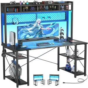 2024 Upgrade Gaming Desk with Hutch, 55.2'' Magic Computer Desk with LED Lights and Outlets, Reversible Workstation Desk with Pegboard and Monitor Stand, Gamer Desk PC Table, Grey and Black