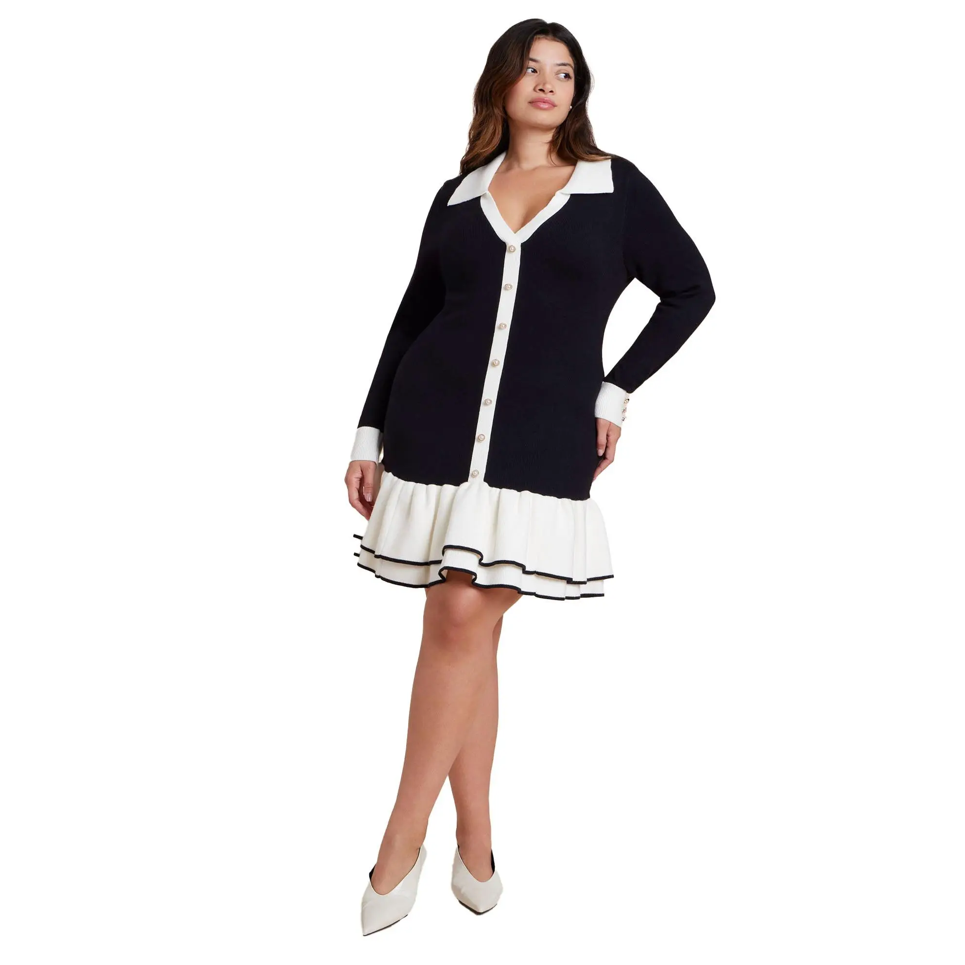 ELOQUII Women's Plus Size Contrast Tipping Flounce Mini Dress