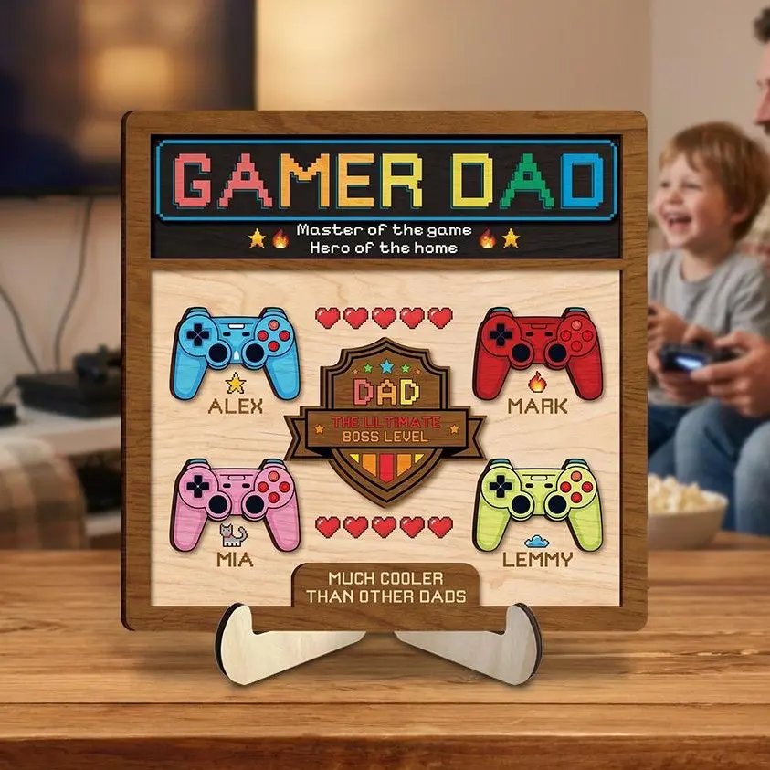 Personalized Gamer Dad Sign, Best Dad Leveled Up Gift, Custom Kids Names Controller Plaque, Gaming Dad Gift, Gift for Dad, Sports Dad Decor, Father’s Day Gift, Family Keepsake