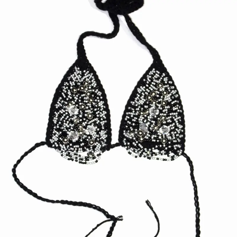 Black Beaded Crochet Bikini Top with Elegant Beading and Adjustable Straps for Comfort