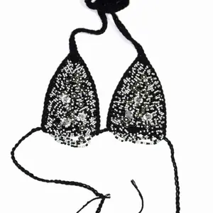 Black Beaded Crochet Bikini Top with Elegant Beading and Adjustable Straps for Comfort
