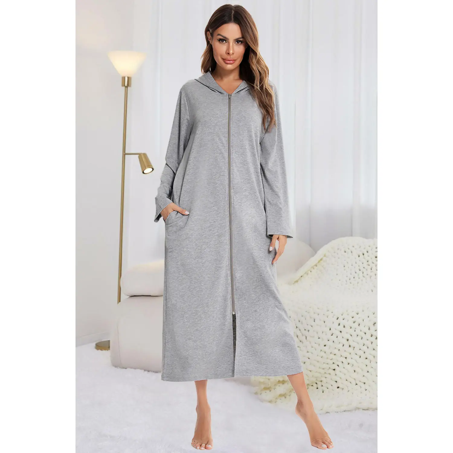 Snuggle-Up Zip Front Hooded Night Dress with Pockets