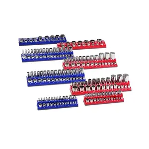 Magnetic Socket Organizer Set, 8PCS Socket Holder, 1/4'', 3/8'' & 1/2'' Metric SAE Socket Trays with Clear Labels, Hold up to 199PCS Standard & Deep Sockets, Blaue & Red (Sockets Not Included)