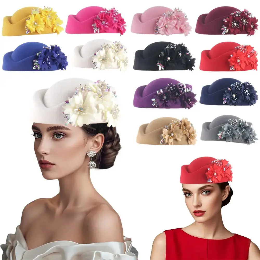 Women's Vintage Solid Pillbox Hat, Classic Design Faux Wool Felt Fascinator with Layered Fabric Flower & Rhinestones for Church & Derby, No Extra Clips, Solid Color Options, Formal Headwear, Crystal Embellishment, Curved Brim