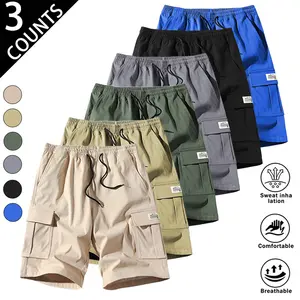 *3-pack men’s cargo shorts with a drawstring elastic waistband, large pockets in a cargo fit; loose, comfortable, breathable, and durable—ideal for everyday casual wear and outdoor activities; versatile, trendy mid-length shorts for summer.