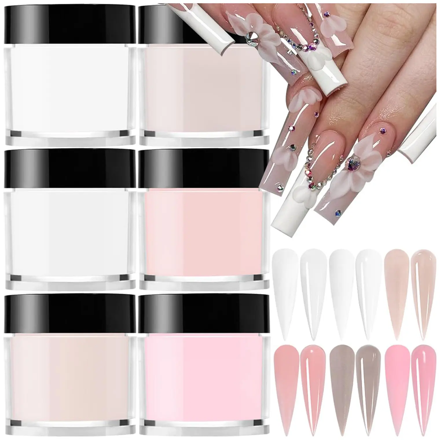 6 Colors/Set Acrylic Powder Glitters Professional Carving Nail Polymer Tip Extension French Pink White Clear Adhesive Rhinestone Nail Art Supplies 3D Tips Sculpting Crystal Nail Dipping