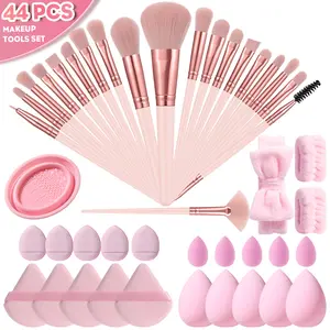 44pcs Facial Makeup Tool Set,20pcs Makeup Brushes & Hair Ties & 2pcs Wrist Straps & 5pcs Large Makeup Sponges & 5pcs Fan-Shaped Powder Puffs & 5pcs Mini Makeup Sponges & 5pcs Thumb Powder Puffs & Brush Bowl