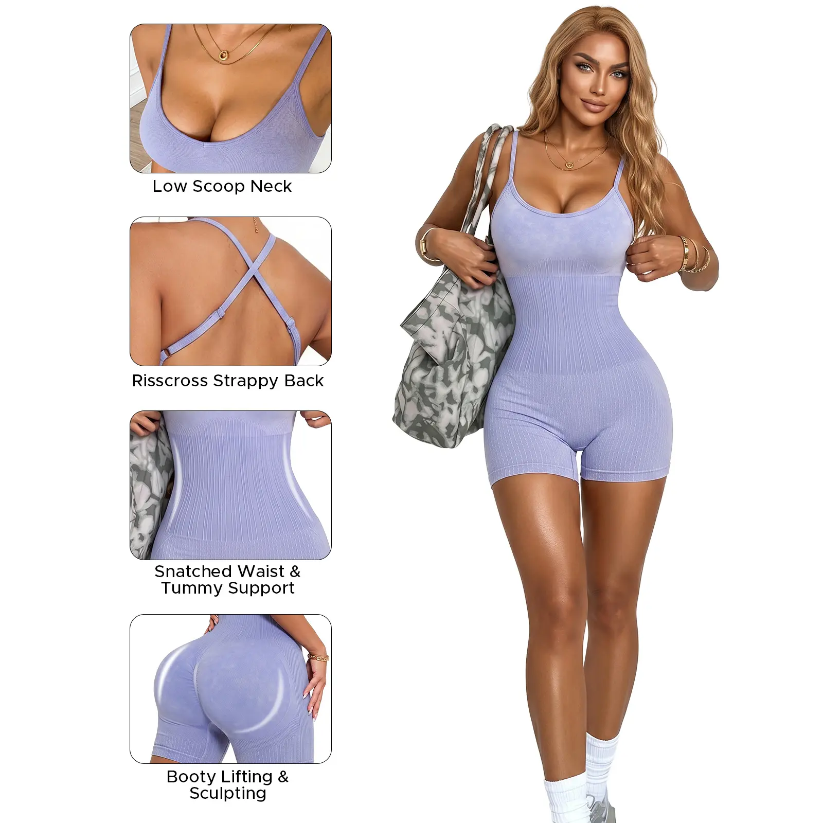 MIA PRISTINE Women's 1-Piece Sleeveless Sports Jumpsuit, Criss-Cross Backless, Seamless, High-Stretch, Fitted Bodycon, Padded, Lightweight Spandex-Nylon Blend for Gym, Pilates Workouts