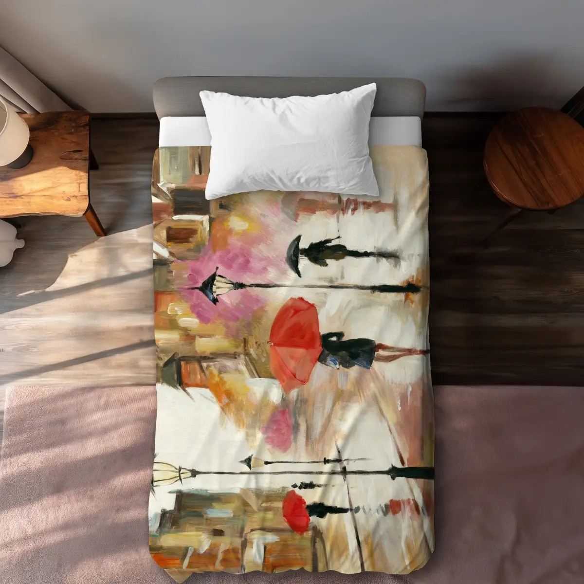 360 stand Twin Extra Long Printed Face Duvet Cover Set - Red, Contemporary Urban Scene Vivid Print of Passersby Under Umbrellas, Home Decor Bedding Linen, Extra-Long Duvet Covers, Decorative Duvet Cover, Modern