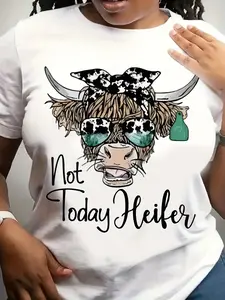 Women's Funny Cowgirl Graphic T-Shirt - Bull Head & "Not Today Heifer" Slogan Print, Western Style Casual Round Neck Tee with Highland Cow Design, Machine Washable All-Season Comfort Fit for Casual Attire & Themed Events, Colorful Fashion Glasses Bull Hea