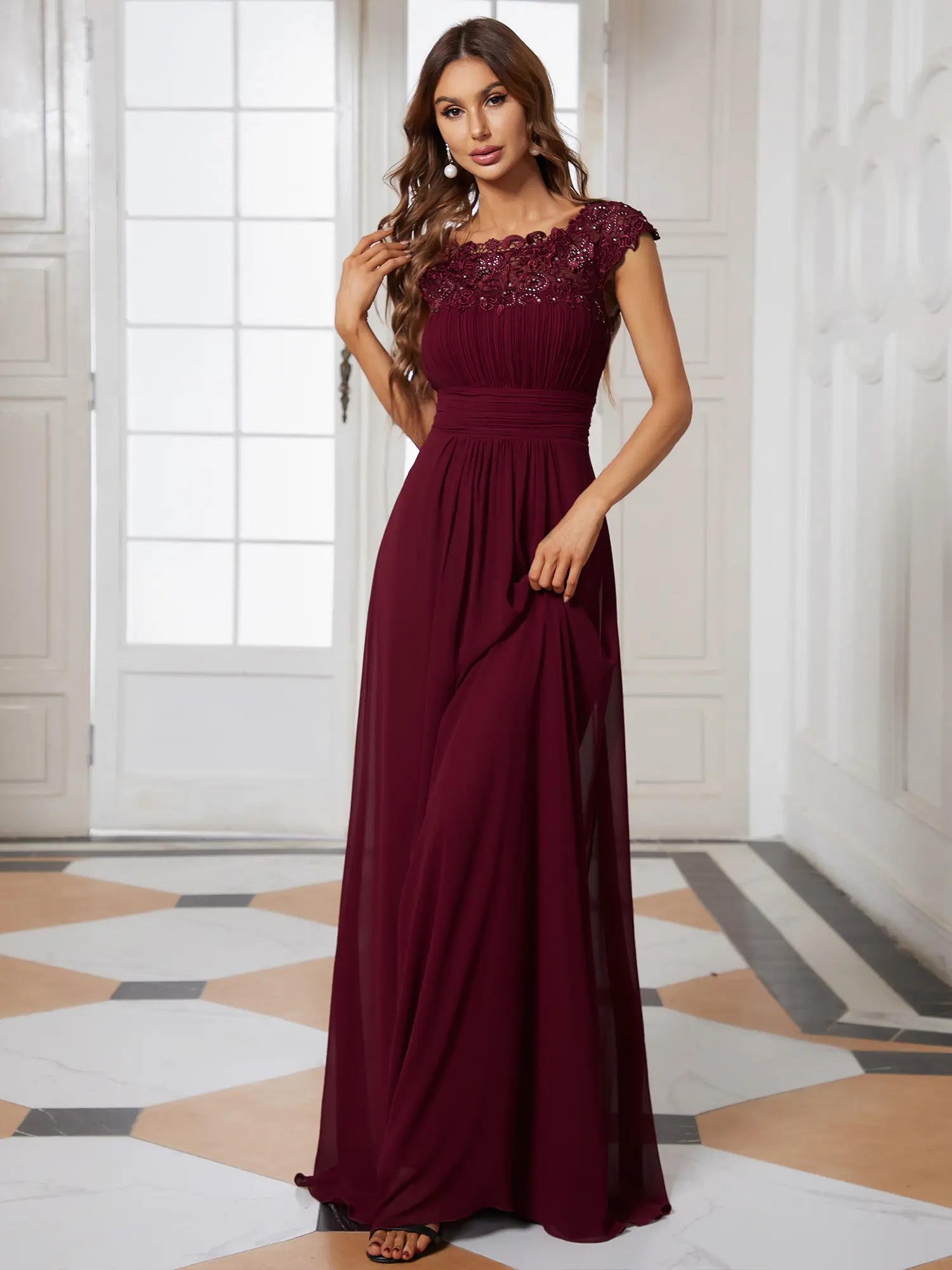 Ever-Pretty Basic Formal Bridesmaid Dress - Elegant Cap Sleeve, 100% Poly Maxi Long Lace Dress 09996, Formal Dress