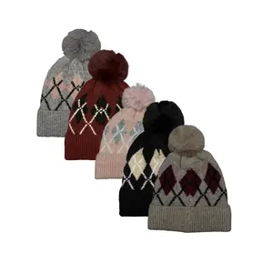 Unisex Wool Blended Argyle Fleece Pom Pom Beanie Winter Hat beanie
