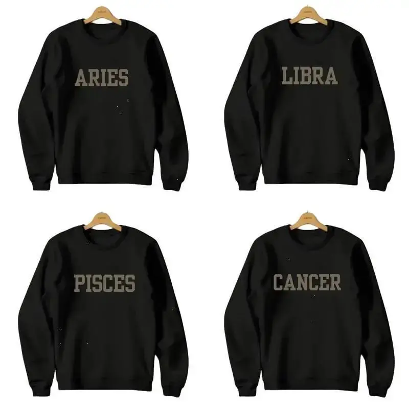 Women's Minimalist Zodiac Cotton Round Neck Sweatshirt - Casual Tops, Astrology Sign Crewneck for Men, Aries Libra Pisces Cancer Black Pullover, Birthday Gift Green Grey, Hoodie, Menswear