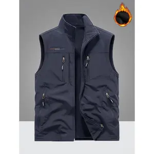 Men'S Casual Fleece-Lined Polyamide Vest, Solid Color Zippered Fishing Outerwear with Multiple Pockets, Lapel Collar, Non-Stretch Fabric, Regular Fit for Fall - 100% Polyamide, Thick