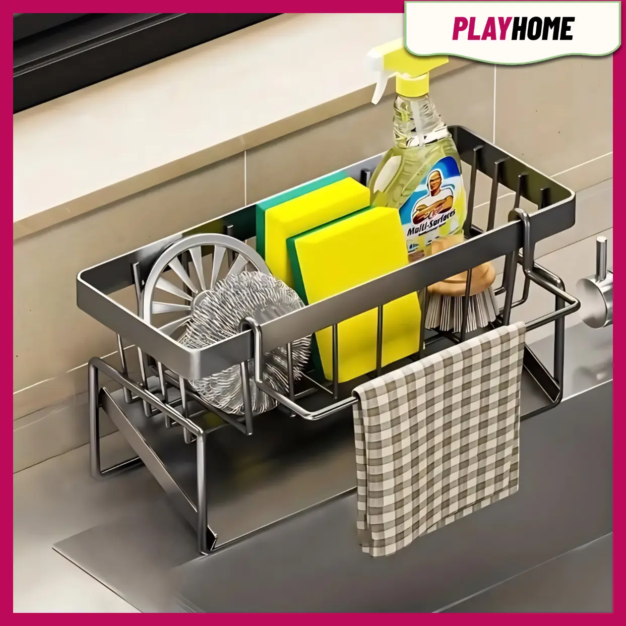 Stainless Steel Kitchen Sink Sponge Holder - Multi-Compartment Caddy with Tall Dish Brush Holder, Self-Draining Organizer for Sponges, Soap Dispensers, Cleaning Accessories Racks