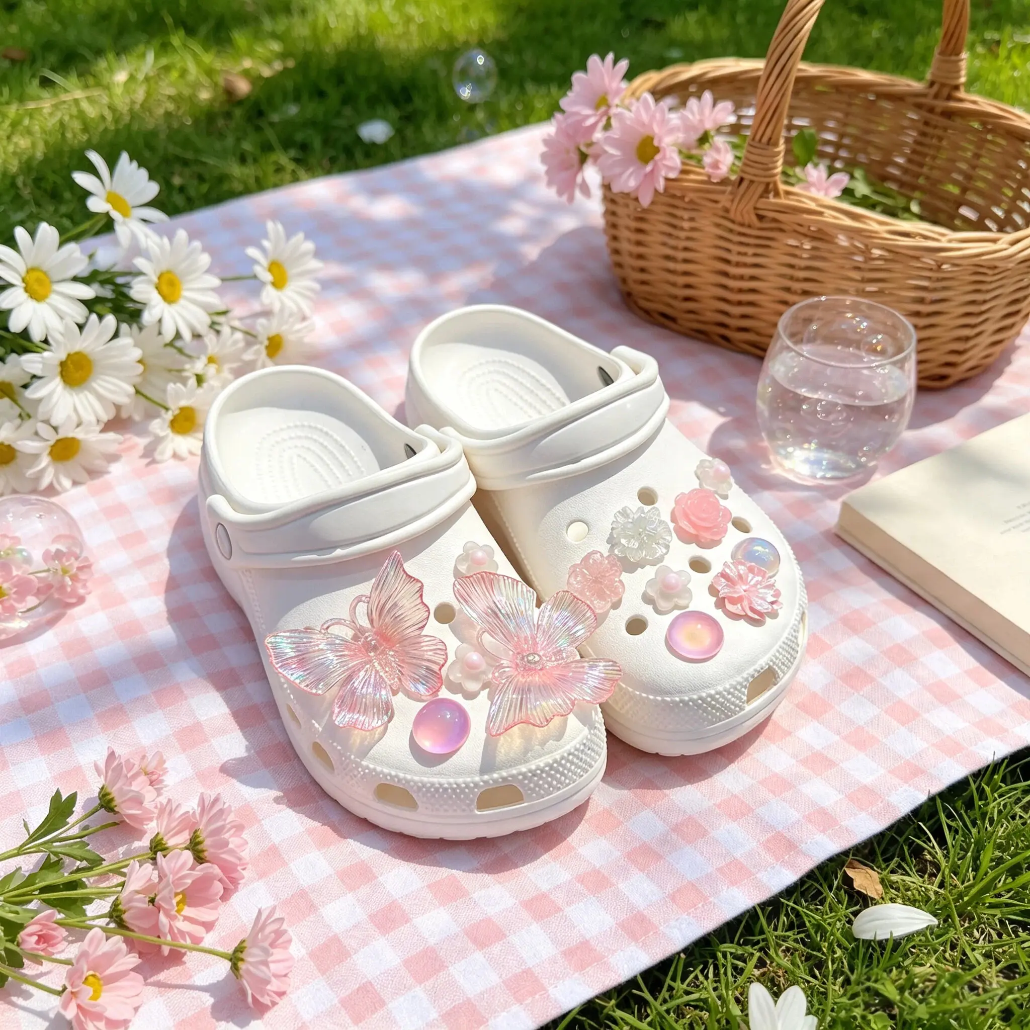13Pcs Butterfly & Flower Shoe Charms with Shiny Clear Crystal Surface, Cute Country Style DIY Decor Accessories for Crocs Clogs, Handbags and Backpacks