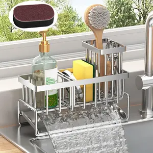 Kitchen Sink Rack, Countertop Dish Rack, Kitchen Sink Sponge Rack, Kitchen Sink Organizer with Brush Holder, Rust Resistant 304 Stainless Steel Kitchen Storage Gadgets, Sponge Organizer with Dividers, Dish Drying Organiser