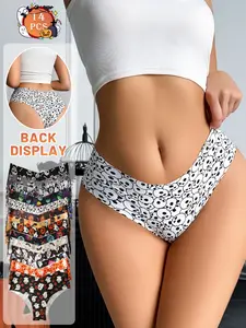 14-pack Halloween print women's panties, cute pumpkin skull ghost briefs, various patterns scalloped women's underwear for festive autumn and winter daily wear.