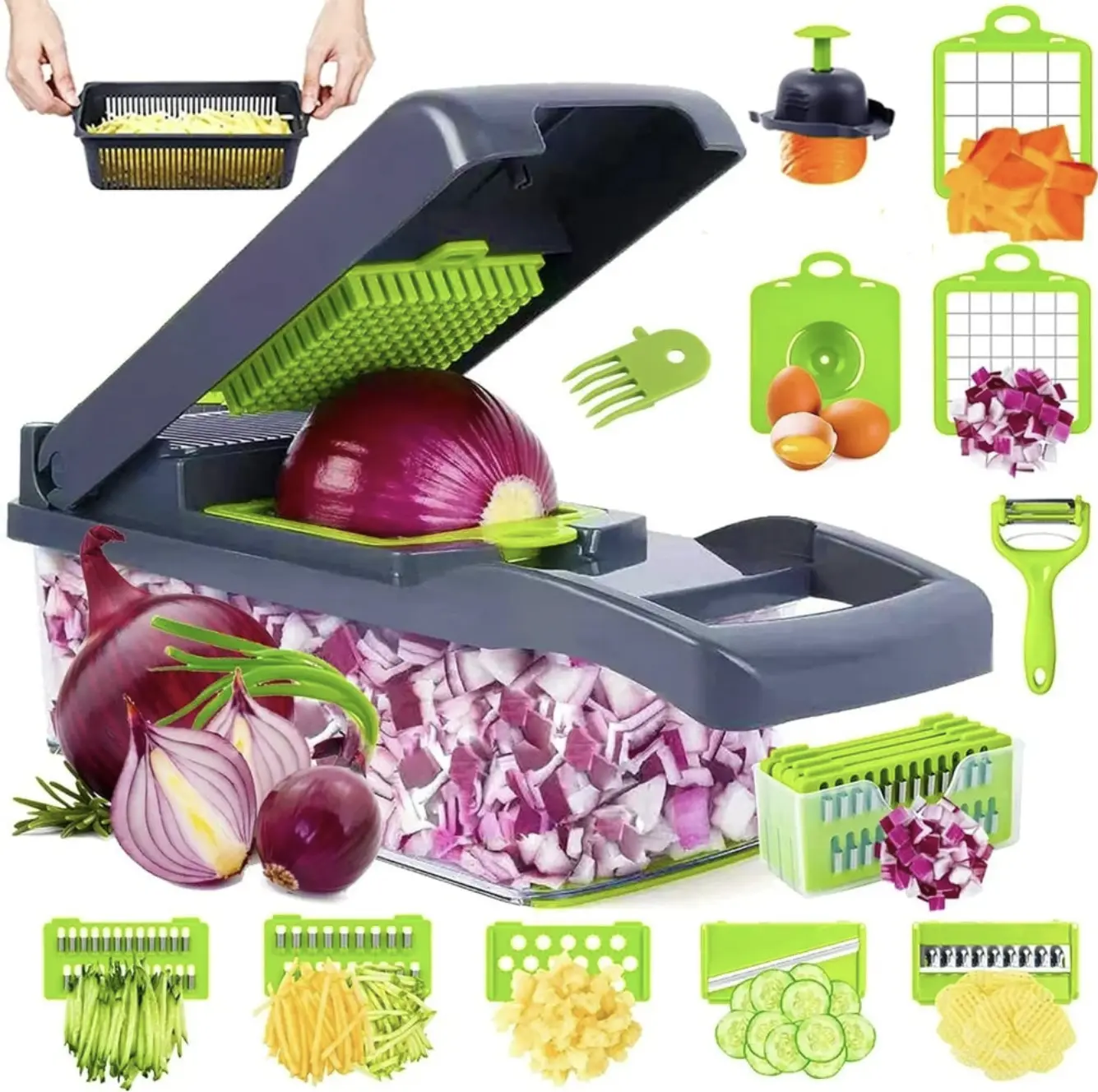 Vegetable Chopper,  Veggie Chopper, Multifunctional 12 in 1 Food Chopper, Vegetable Slicer Dicer with 8 Blades, Onion Chopper Vegetable Cutter with Salad Garlic Carrot