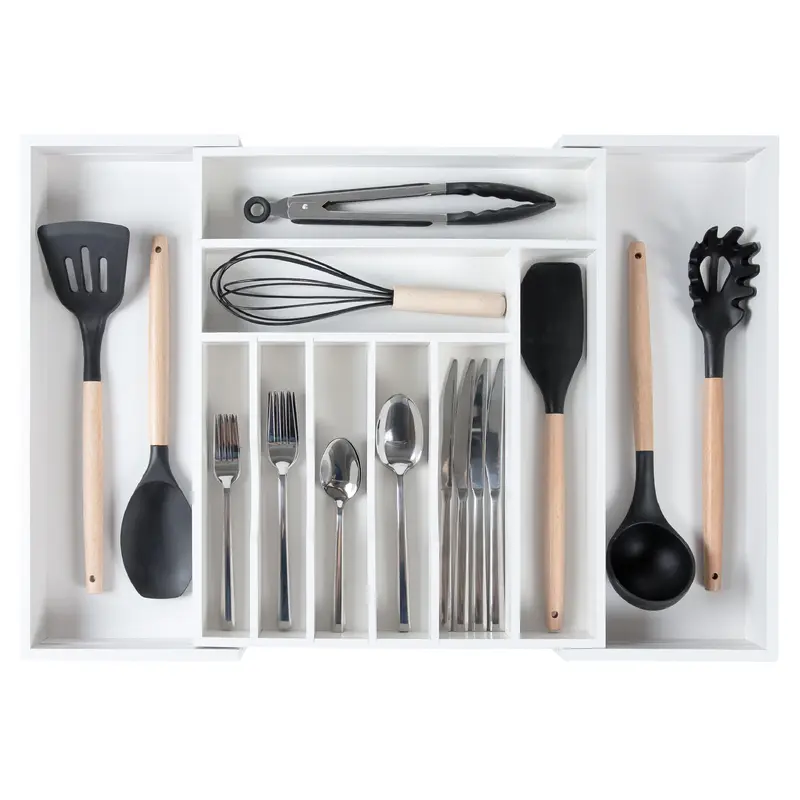 Premium Silverware, Flatware and Utensil Organizer for Kitchen Drawers, Food-Safe Contract Grade, Expandable from 14.5 to 25 In, White Bamboo