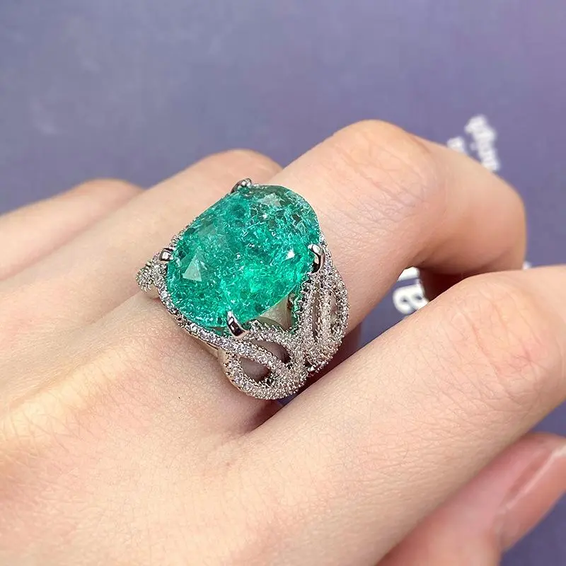 925 Silver Plated Exquisite Blue Green Moissanite Ring Fire Sparkling Luxury Open Ring Female Party Birthday Jewelry Gift