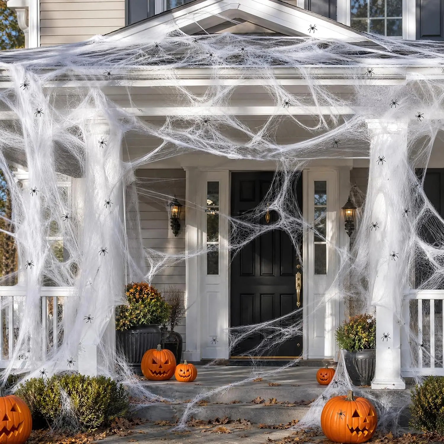 Cleangor 1200 Sqft Stretchy Halloween Spider Web Decor and 120 Fake Spiders Halloween Party Supplies, Soft Polyamide Cobweb Set for Halloween Indoor Party, Home Corner, Stair, Outdoor Decoration