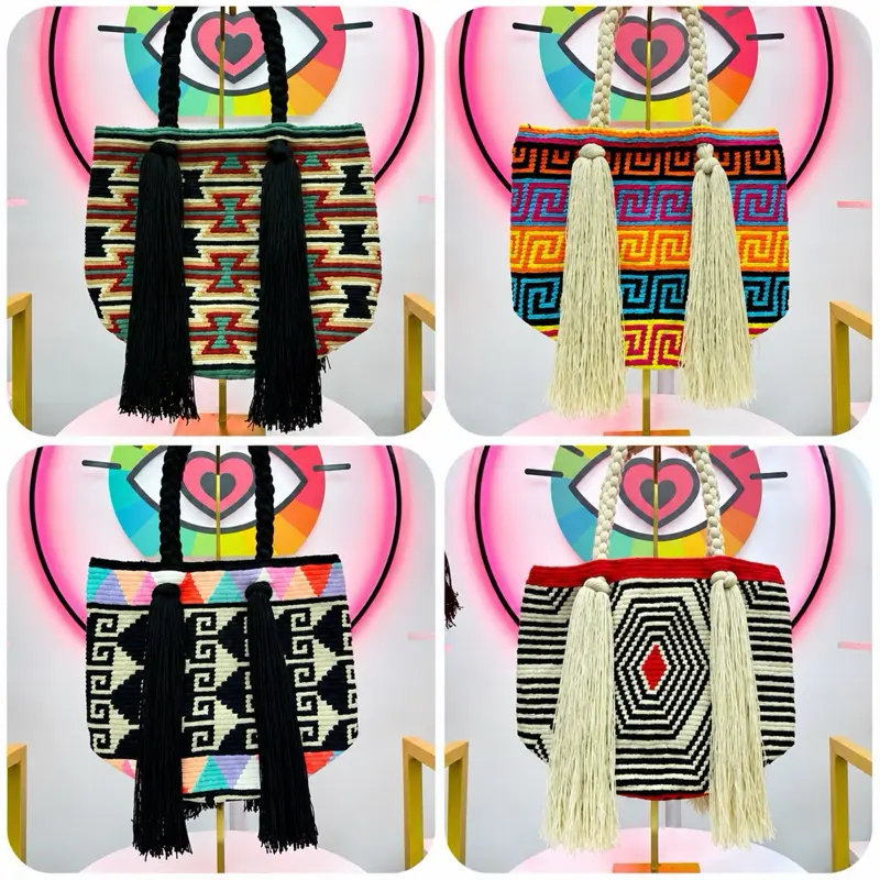 Handwoven Rapunzel Wayuu Tote Bag | Double Strap Crochet Shoulder Bag with Long Tassels | Artisan Boho Handbag