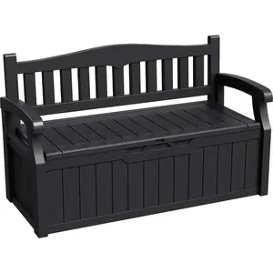 Greesum 80 Gallon Storage Bench Outdoor Deck Box with Armrest, Patio Furniture,Lockable, Waterproof and UV Resistant, Suitable for Garden, Pool, Black