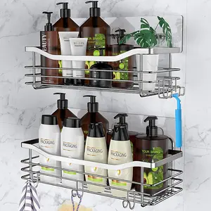 2-Piece Set of Large-Capacity Rust-Resistant Carbon Steel Shower Organizers, Wall-Mounted Bathroom Shelves, No Drilling Required, Space-Saving, Bathroom Organizing Accessories