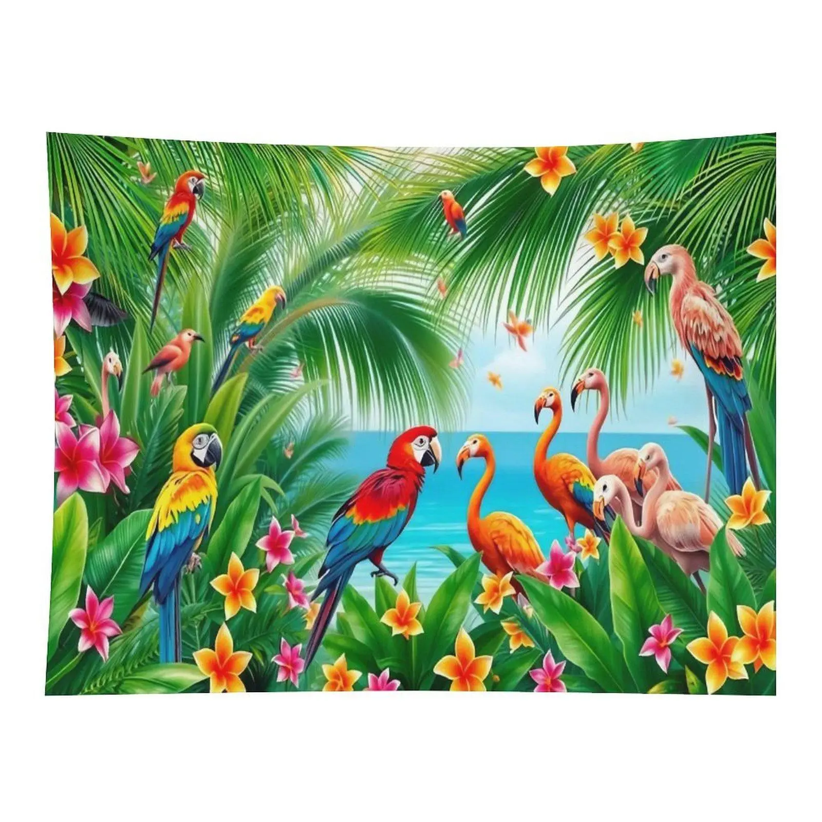 Tropical Jungle Parrot Flamingo Plumeria Palm Ocean Beach Wall Tapestry Wall Hanging, Vibrant Summer Hawaiian Exotic Wildlife Floral Coastal Decor for Vacation Girls Bedroom Ornament