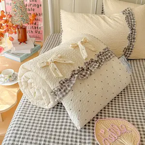 2026 Spring Summer New Arrival Jacquard Puff Surface Bow Lace Korean Drama Style Cream Puff Single Summer Quilt 4 Piece Premium Quality Bedding Set Soft Breathable Skin friendly Cozy Home Bedroom Lightweight Cool Feeling Sleep Friendly Durable Summer Quil