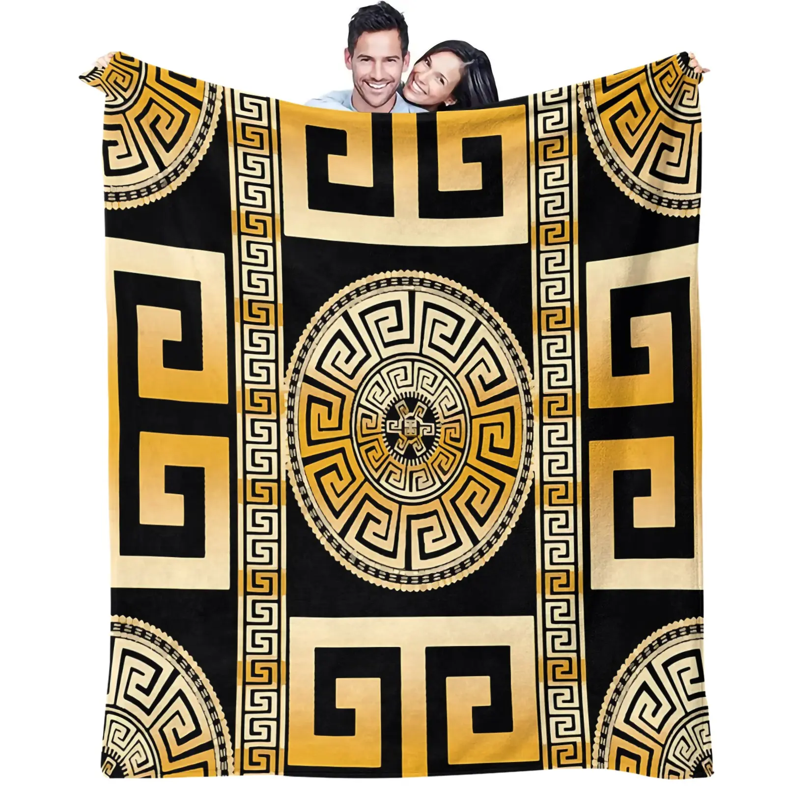 Vintage Gold Geometric Greek Key Throw, Soft and Warm Flannel Blanket, Geometric Print Ultra-Soft Microfleece Throw, Cozy Throw Blanket, Perfect for Sofas, Beds, Living Rooms, and More an Ideal Gift for Men and Women