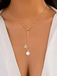 Faux Pearl Decorated Initial Necklace, Fashion Adjustable Bead Necklace for Women for Gift, Stainless Steel Jewelry for Daily Decor