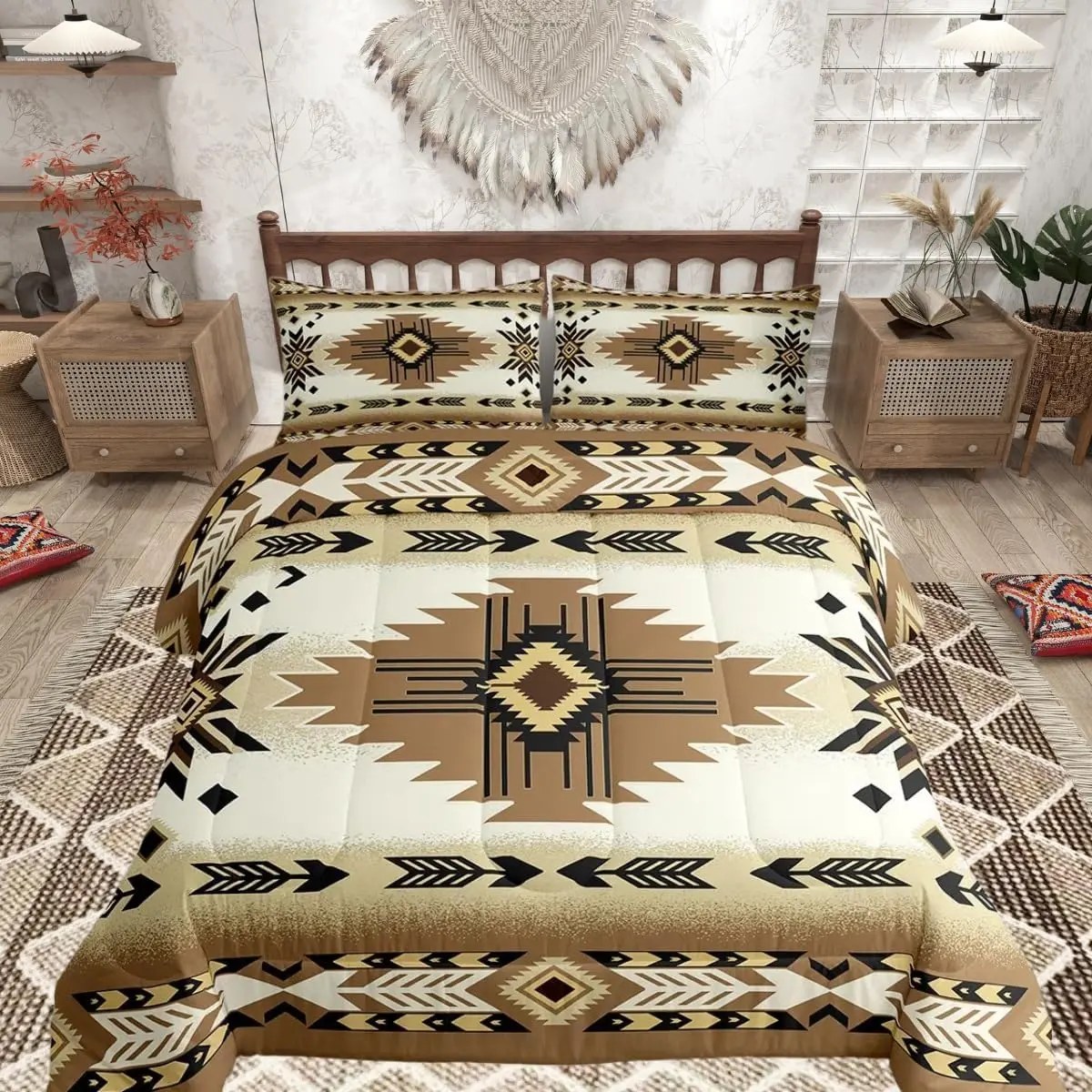 Southwest Native Duvet Quilt Southwestern Geometric Bedding Set Room Decor Western Decor Comforter Set Beige White Tribal Breathable Soft Microfiber